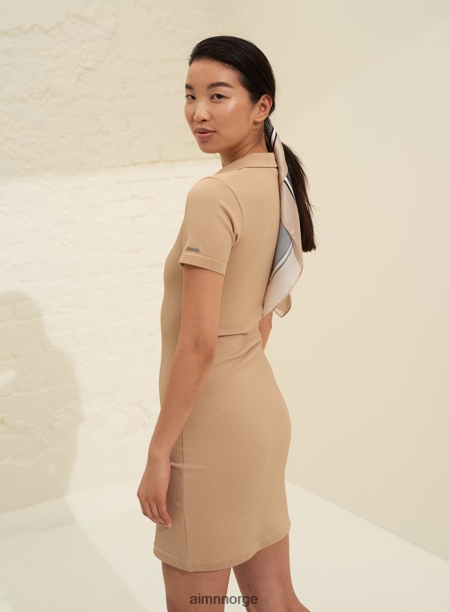 AIM'N kvinner solid beige ribbet sømløs polokjole 6FV40N620 klær