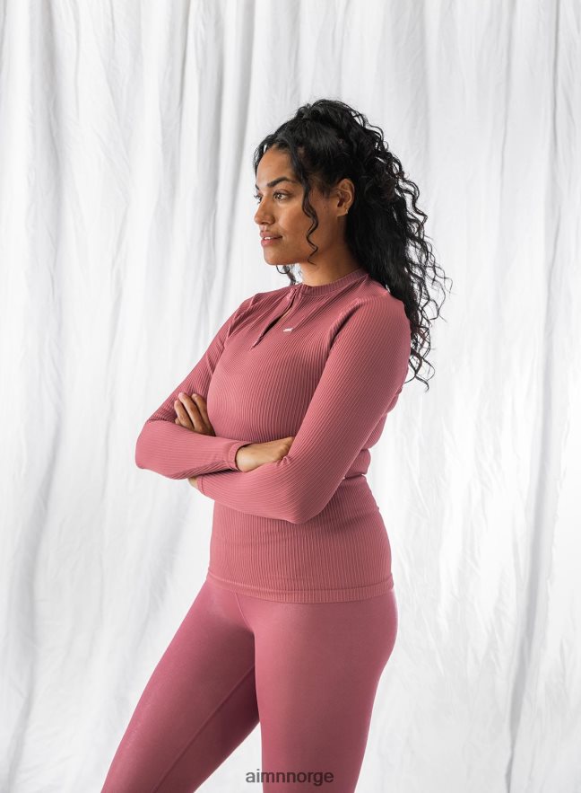 AIM'N kvinner rosa beat ribbet sømløs glidelås langt ermet 6FV40N454 klær